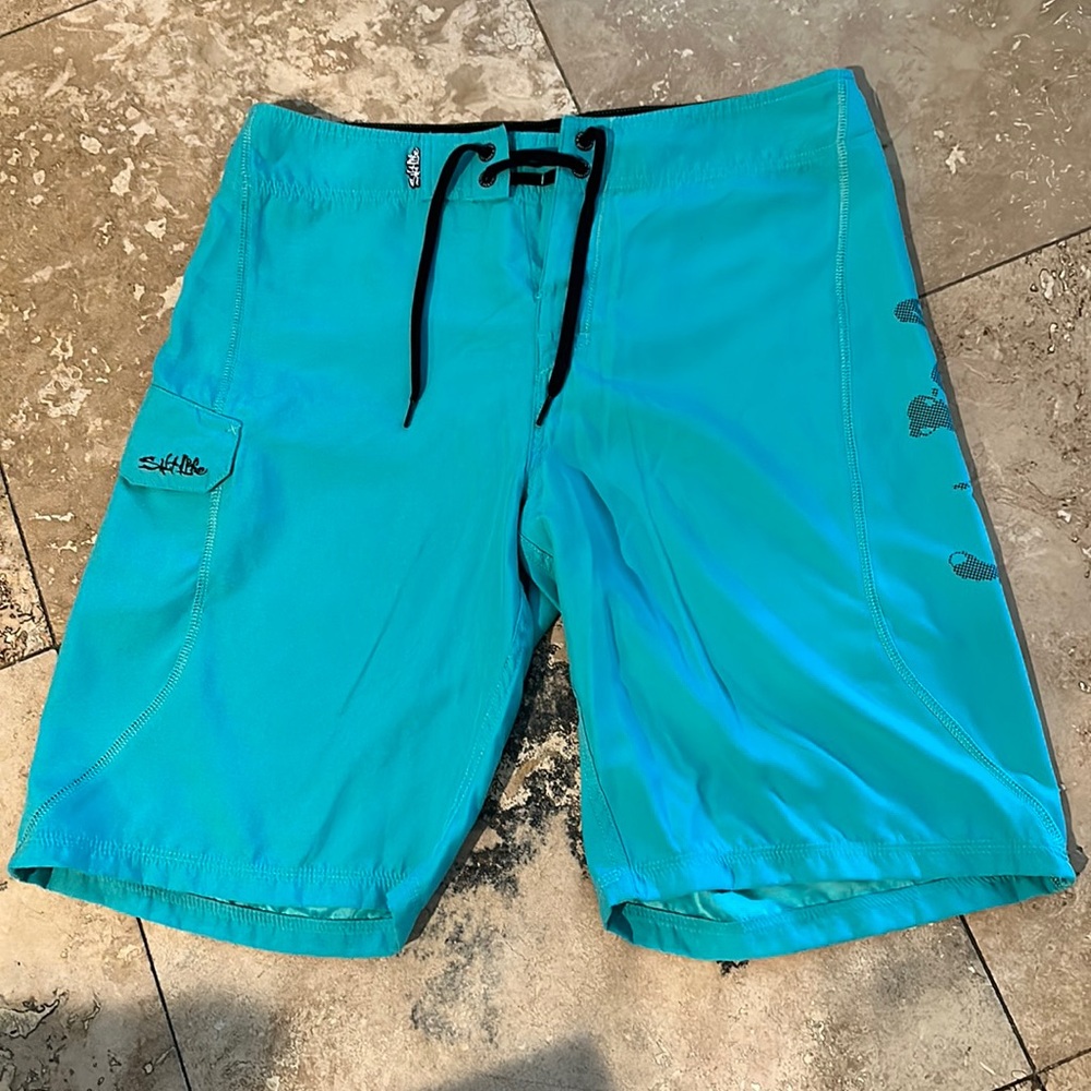 Men’s Sallt Life SL X-QD Board Shorts 32 teal blue/green color skull